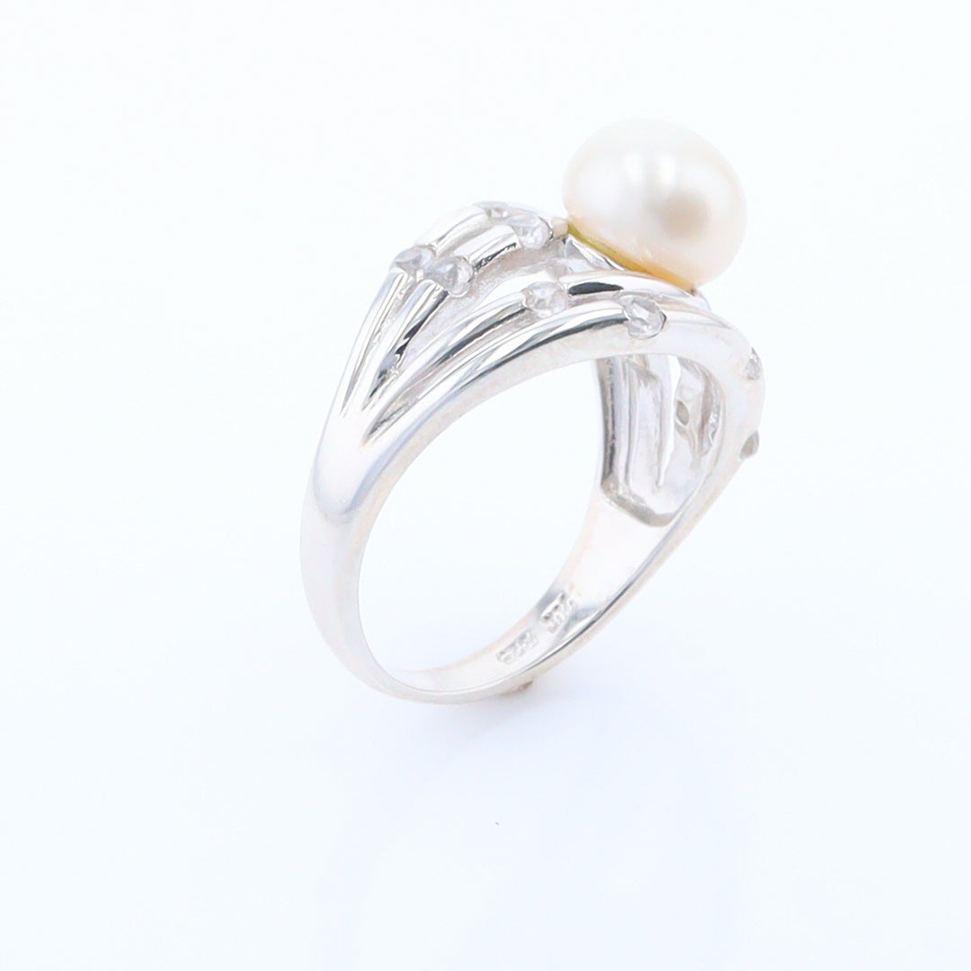 Pearl Bamboo Ring with Cubic Zirconia Accents