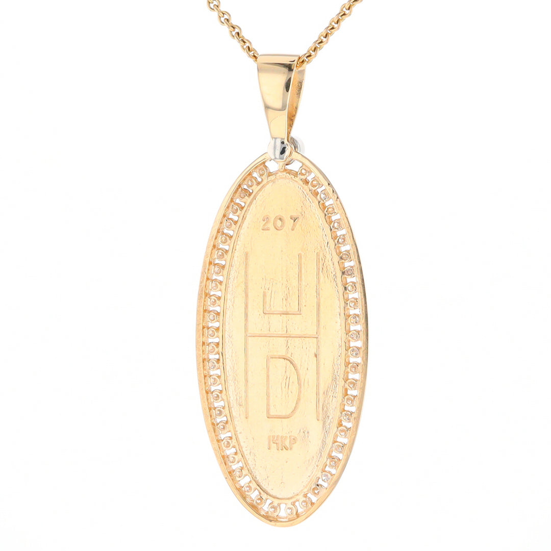 Gold Quartz Necklace 0.96ctw Halo Diamond Oval Inlaid Pendant