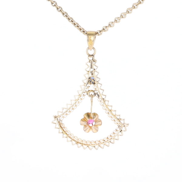 Vintage Buttercup Dangle Ruby Scrollwork Pendant