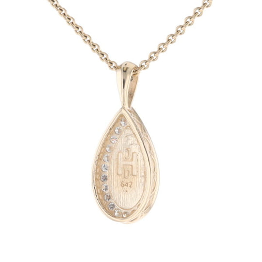Gold Quartz Pendant Tear Drop Inlaid .42ctw Diamond Halo Design