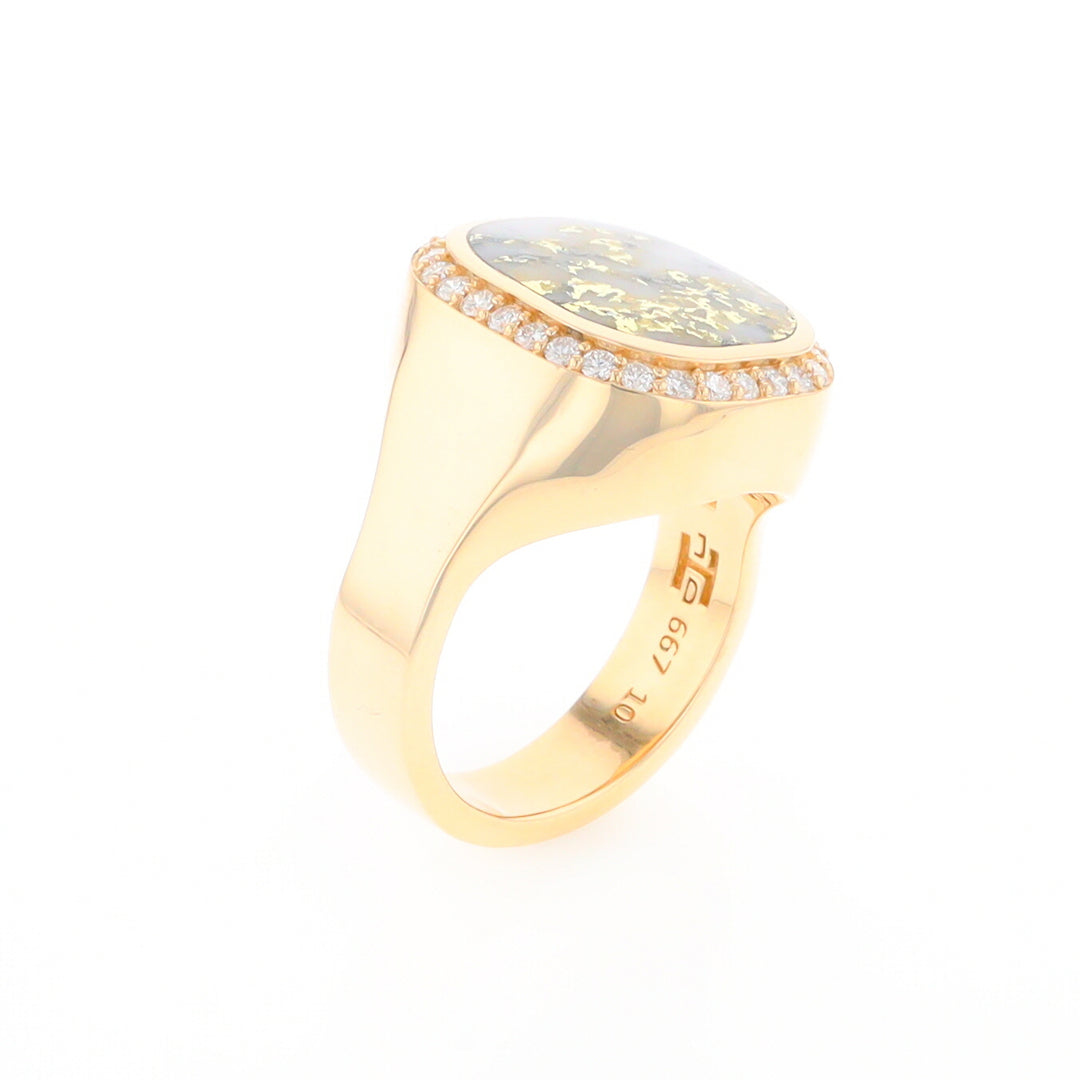 Gold Quartz Cushion Inlaid Men's Ring with Diamond Halo