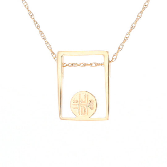 Gold Quartz Necklace Round Inlay Open Rectangle Design Pendant