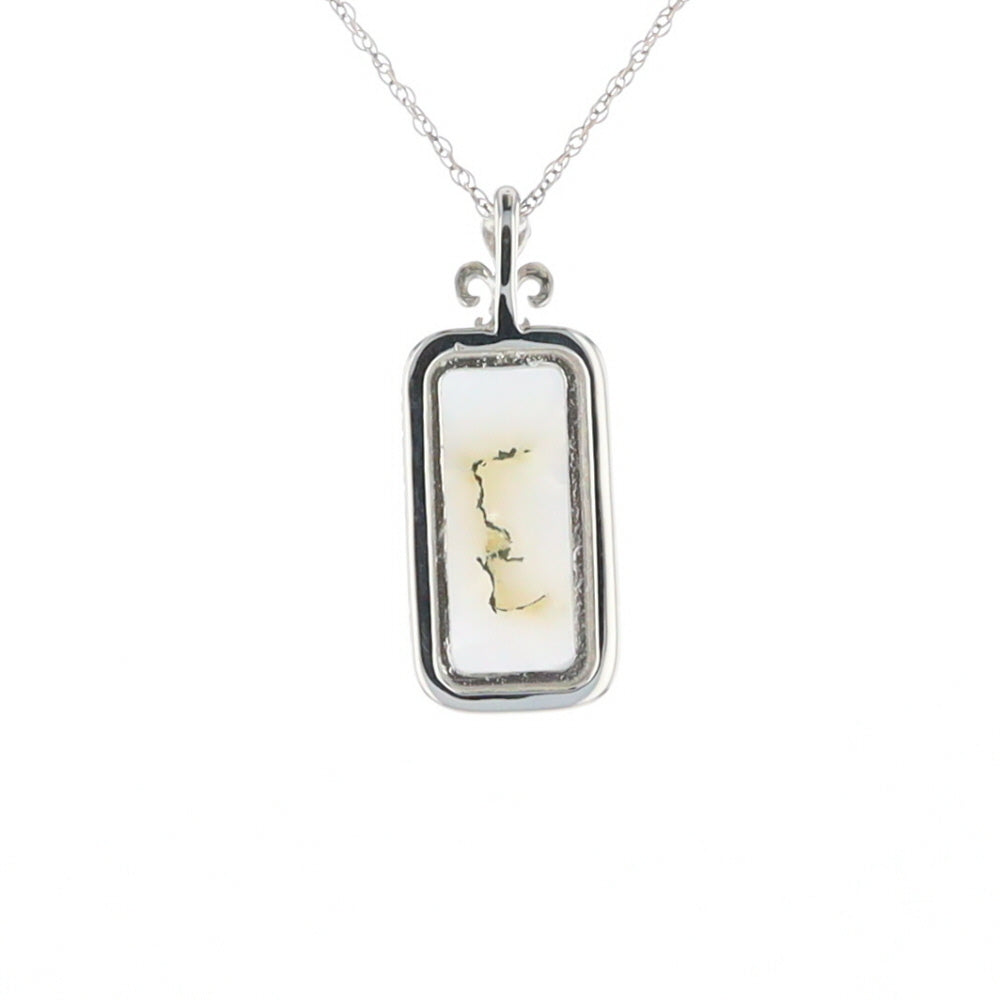 Gold Quartz Necklace, Rectangle Inlaid Fleur De Lis Design with .02ctw Diamond Pendant