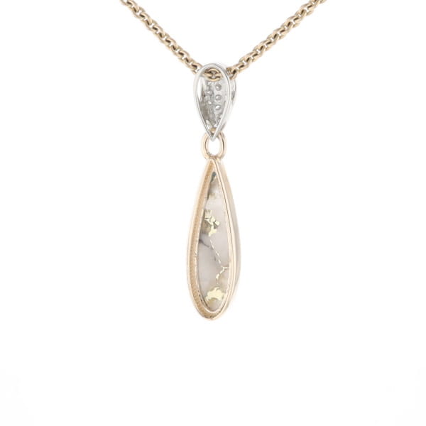 Gold Quartz Necklace Tear Drop Inlaid Pendant with .11ctw Diamonds