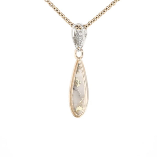 Gold Quartz Necklace Tear Drop Inlaid Pendant with .11ctw Diamonds
