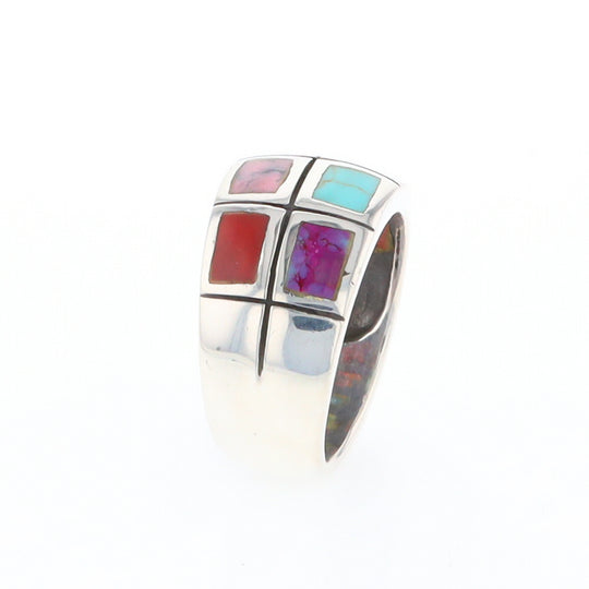 Native Silver Multi Stone Inlaid Ring