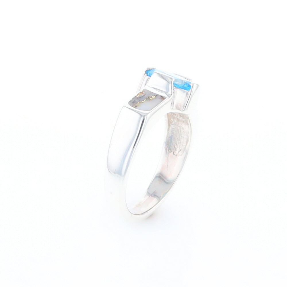 Sterling Silver Gold Quartz Inlaid Oval Blue Topaz Ring - G3