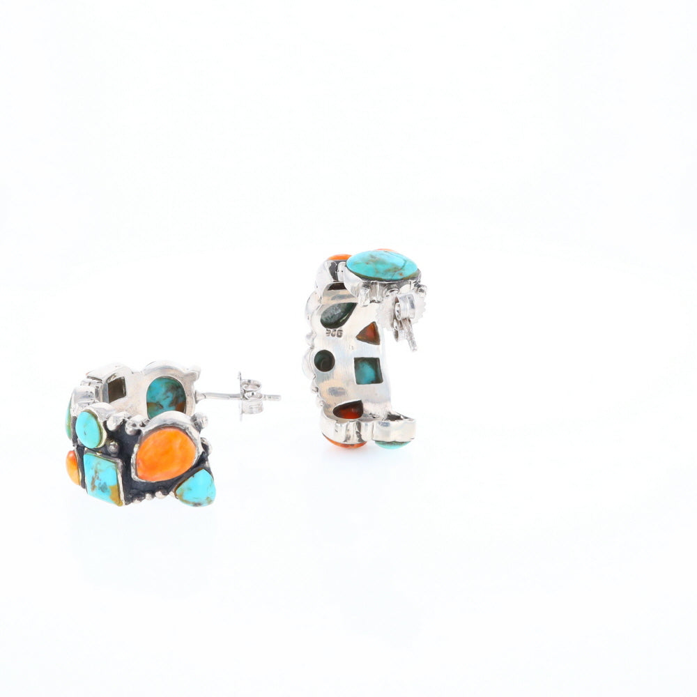 Turquoise & Spiny Oyster Semi-Hoop Stud Earrings