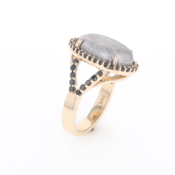 Meteorite Ring Oval Cabochon 0.65ctw Round Black Diamonds Halo