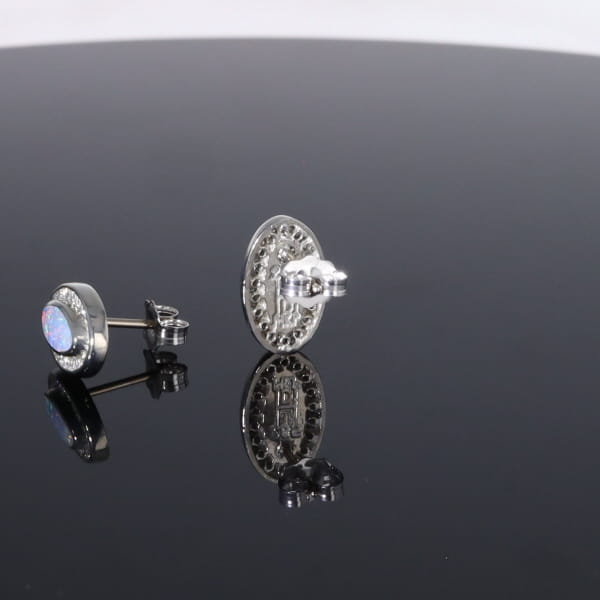 Opal Earrings Oval Inlaid with .25ctw Round Diamond Halo Studs