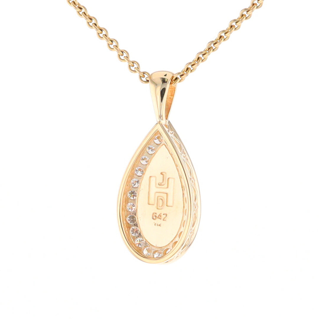 Gold Quartz Pendant Tear Drop Inlaid .42ctw Diamond Halo Design