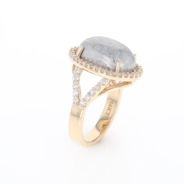 Meteorite Ring Oval Cabochon 0.65ctw Round Diamonds Halo
