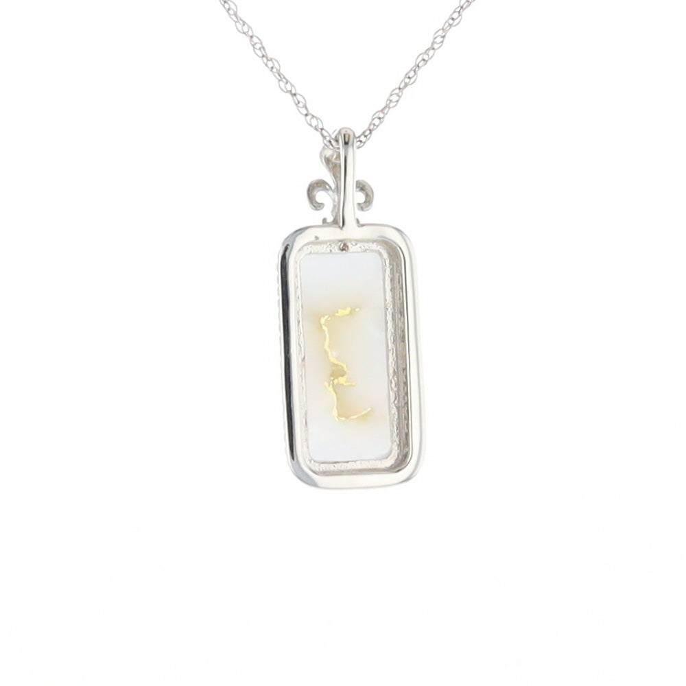 Gold Quartz Necklace, Rectangle Inlaid Fleur De Lis Design with .02ctw Diamond Pendant