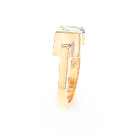 Gold Quartz Ring Rectangle Inlay Swiss Blue Topaz .06ct Round Diamond