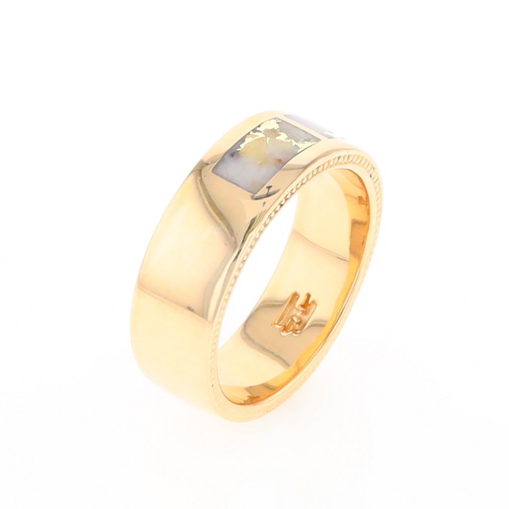 Gold Quartz Ring 3 Section Rectangle Inlaid Band with Milgrain Design