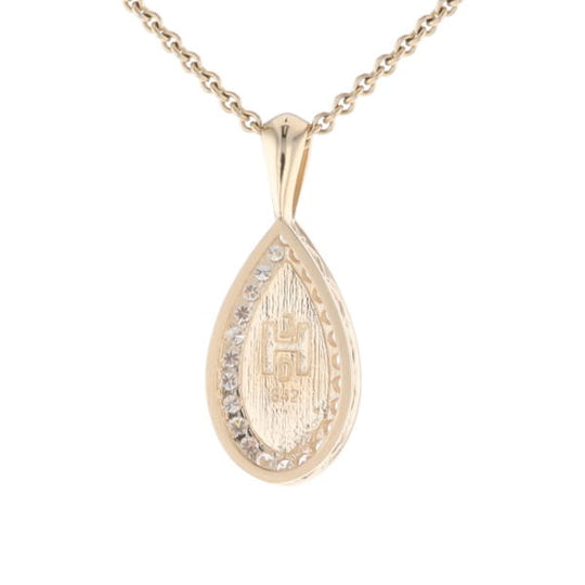 Gold Quartz Pendant Tear Drop Inlaid .42ctw Diamond Halo Design
