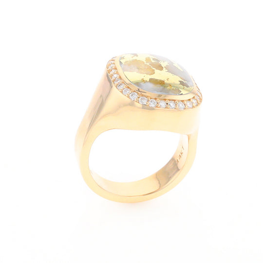 Gold Quartz Cushion Inlaid Men's Ring with Diamond Halo