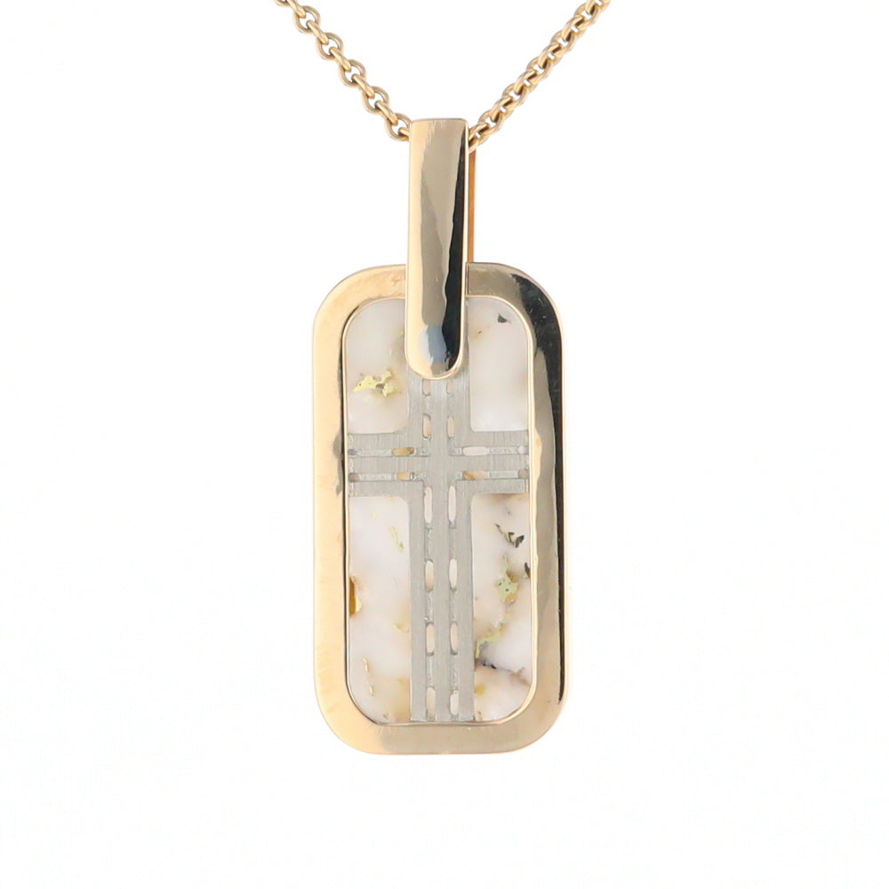 Gold Quartz Necklace Dog Tag Double Sided Inlaid Cross Pendant