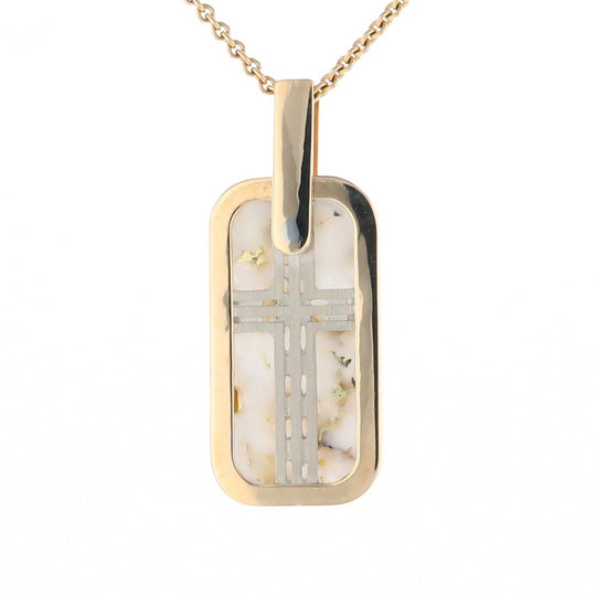 Gold Quartz Necklace Dog Tag Double Sided Inlaid Cross Pendant