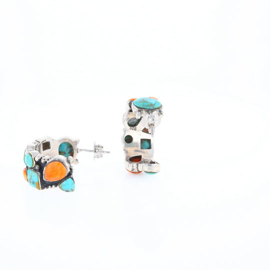 Turquoise & Spiny Oyster Semi-Hoop Stud Earrings