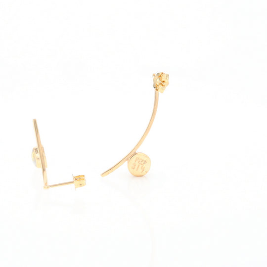 Gold Quartz Earrings Round Inlaid Curved Bar Design