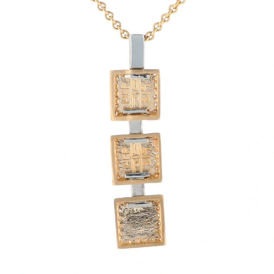 Gold Quartz Necklace, 3 Squared Inlaid Design, .42ctw Diamond Halo Drop Pendant