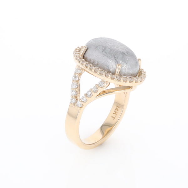 Meteorite Ring Oval Cabochon 0.65ctw Round Diamonds Halo