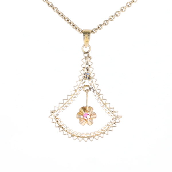Vintage Buttercup Dangle Ruby Scrollwork Pendant