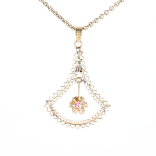 Vintage Buttercup Dangle Ruby Scrollwork Pendant