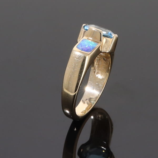 Opal Rings 2 Section Inlaid Design with Oval Swiss Blue Topaz Center