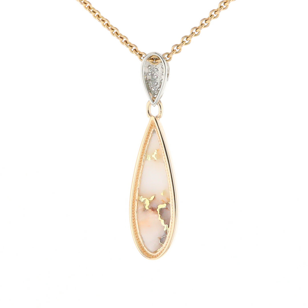 Gold Quartz Necklace, Tear Drop Inlaid Design with .11ctw Diamond Pave Pendant