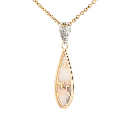 Gold Quartz Necklace, Tear Drop Inlaid Design with .11ctw Diamond Pave Pendant