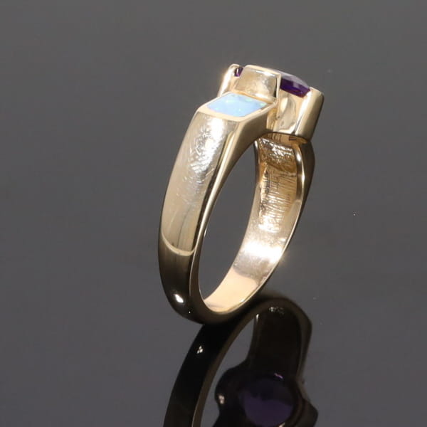 Opal Rings 2 Section Inlaid Design with Oval Amethyst Center