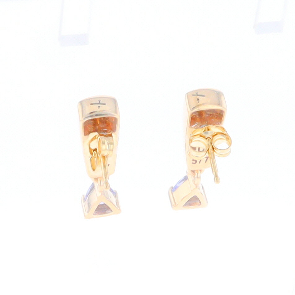 Gold Quartz Earrings Rectangle Inlaid Design with 0.11ct Diamonds & Trillion Cut Tanzanite