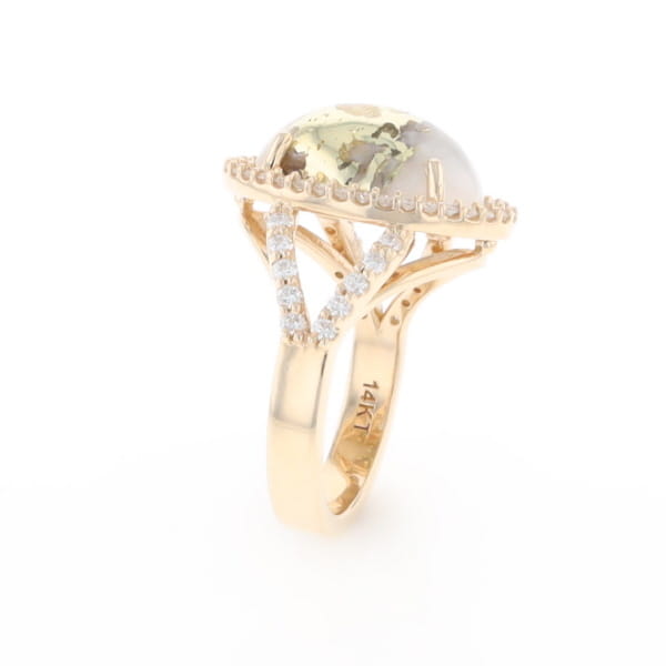 Gold Quartz Ring Oval Cabochon 0.65ctw Round Diamonds Halo