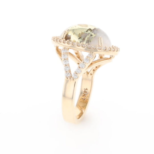 Gold Quartz Ring Oval Cabochon 0.65ctw Round Diamonds Halo