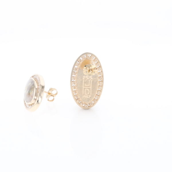 Gold Quartz Earrings Oval Inlaid Design .73ctw Round Diamonds Halo G2