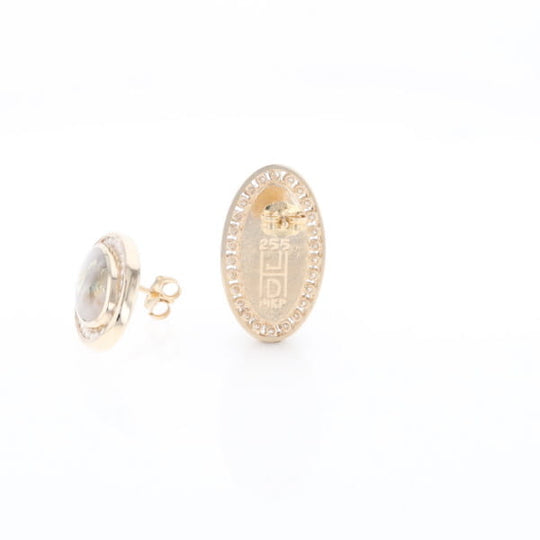 Gold Quartz Earrings Oval Inlaid Design .73ctw Round Diamonds Halo G2