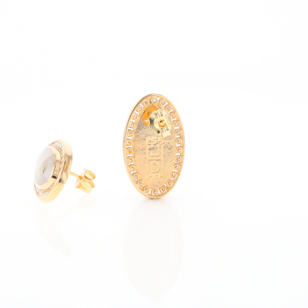 Gold Quartz Earrings Oval Inlaid Design .73ctw Round Diamonds Halo