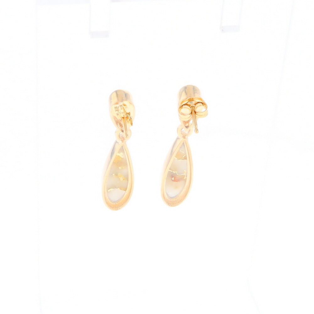 Gold Quartz Earrings Tear Drop Inlaid Design