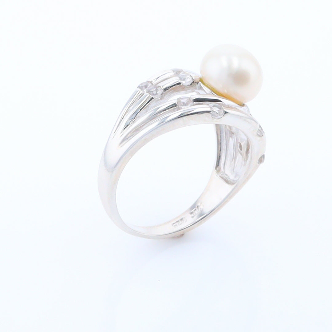 Pearl Bamboo Ring with Cubic Zirconia Accents