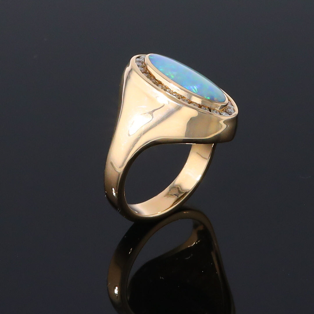 Opal Rings Oval Inlaid Design with .36ctw Round Diamonds Halo