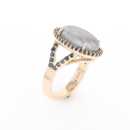 Meteorite Ring Oval Cabochon 0.65ctw Round Black Diamonds Halo