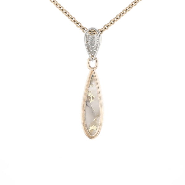 Gold Quartz Necklace Tear Drop Inlaid Pendant with .11ctw Diamonds