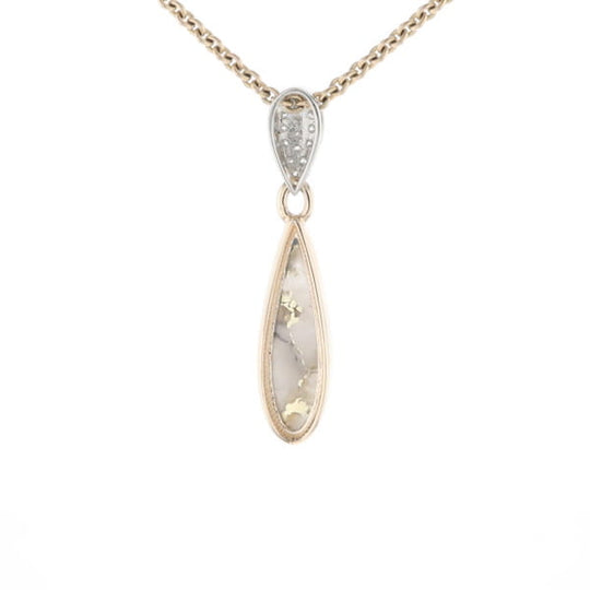 Gold Quartz Necklace Tear Drop Inlaid Pendant with .11ctw Diamonds