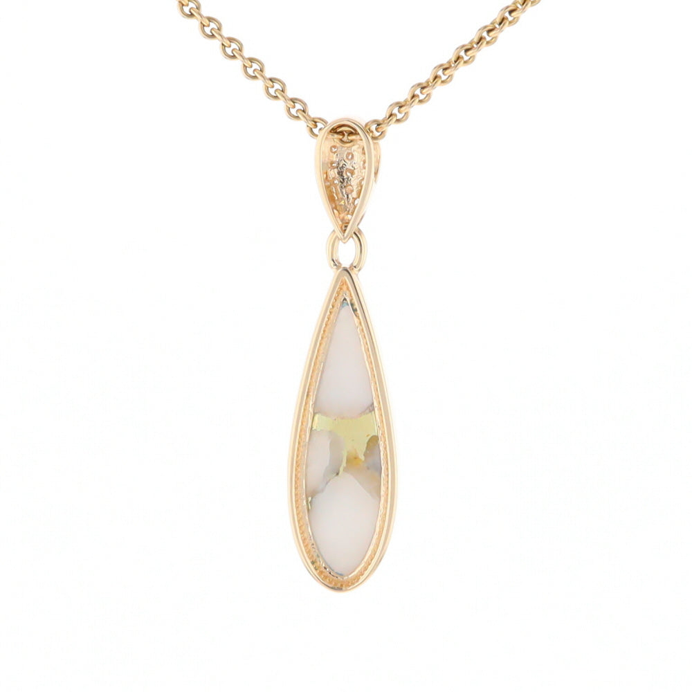 Gold Quartz Necklace, Tear Drop Inlaid Design with 0.11ctw Diamond Pave Pendant G2