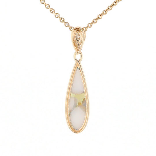 Gold Quartz Necklace, Tear Drop Inlaid Design with 0.11ctw Diamond Pave Pendant G2