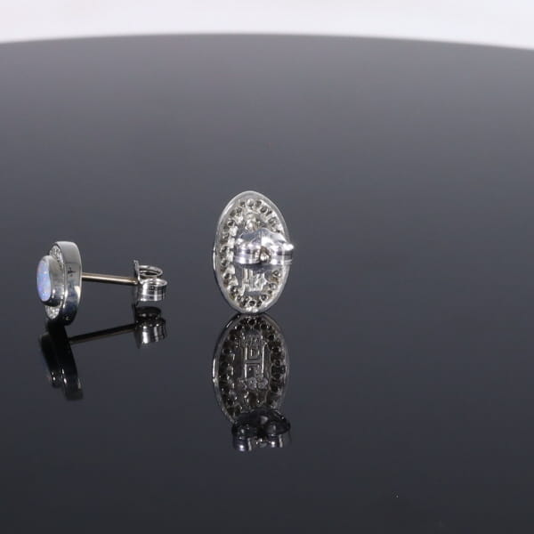 Opal Earrings Oval Inlaid with .25ctw Round Diamond Halo Studs