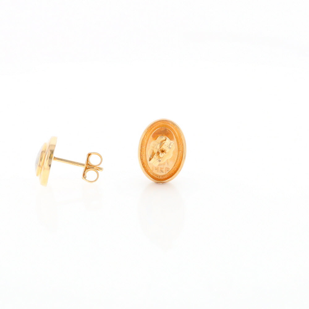 Gold Quartz Earrings Oval Inlaid Design Studs G2
