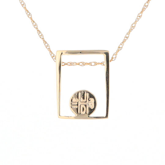 Gold Quartz Necklace Round Inlay Open Rectangle Design Pendant